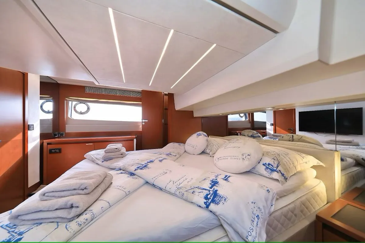 Cabin on Medusa, a Jeanneau Prestige 520 Flybridge motor yacht at Split, Croatia