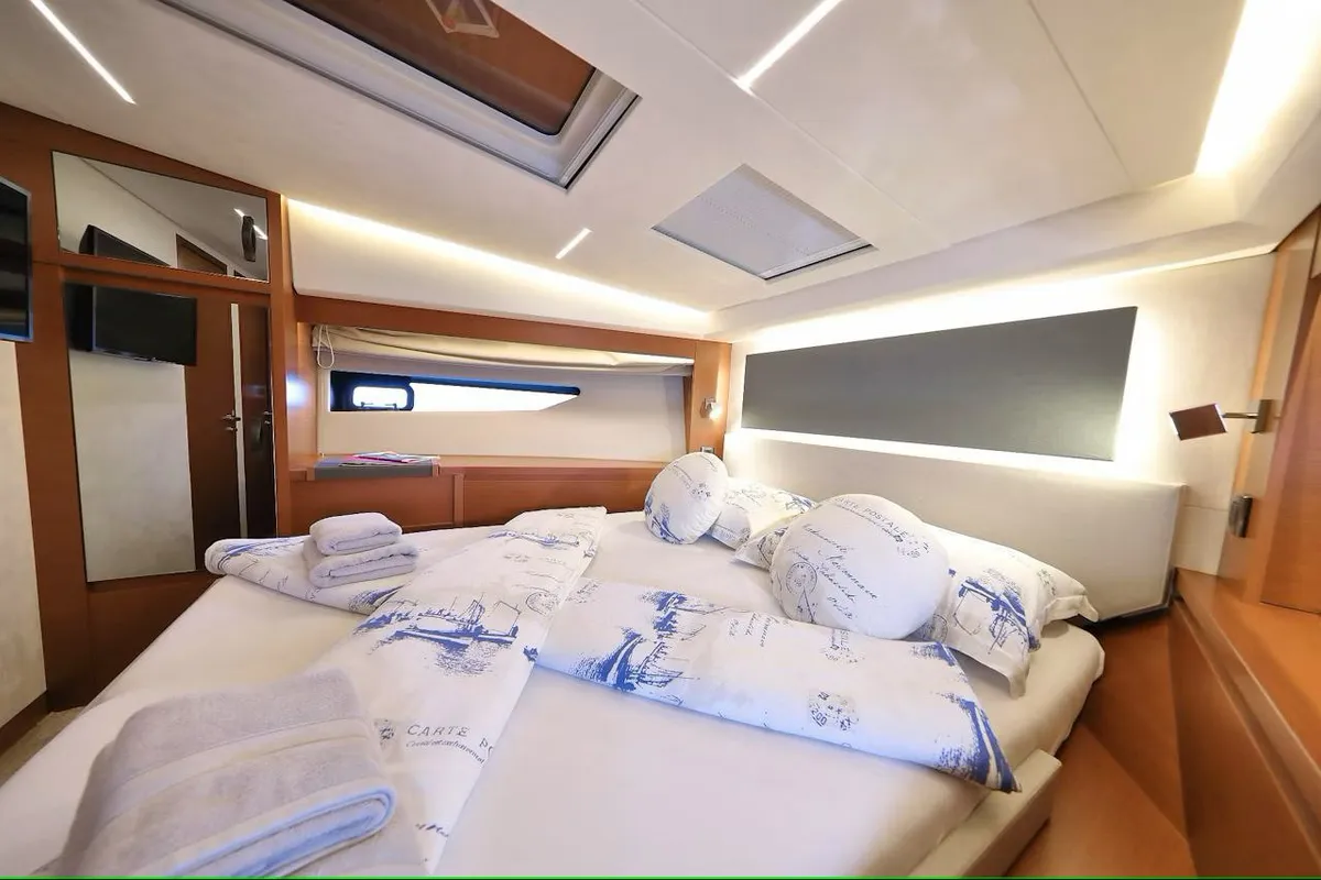 Exterior view of Medusa, a Jeanneau Prestige 520 Flybridge motor yacht at Split, Croatia