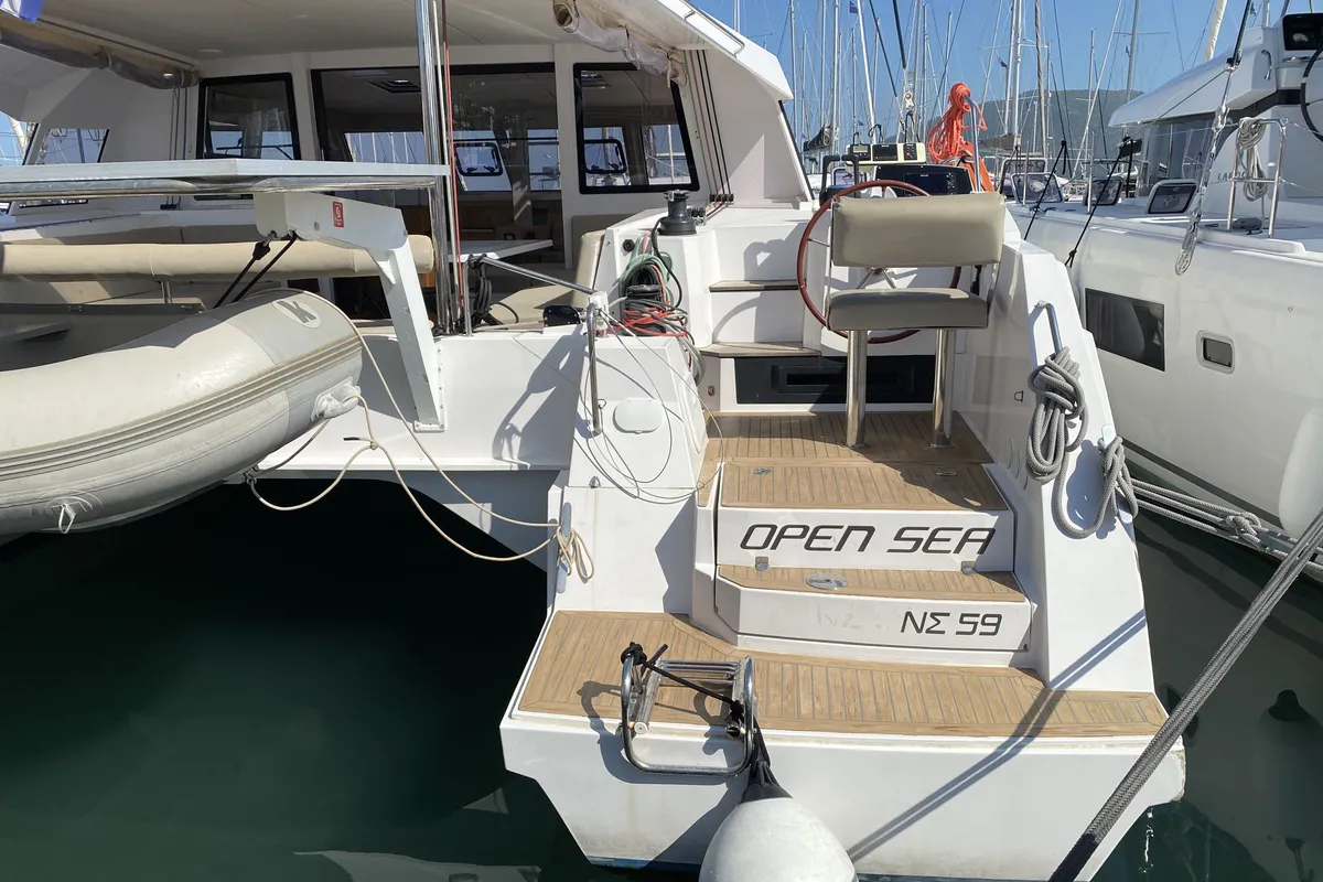 Exterior view of Open Sea, a Nautitech 46 Open catamaran at Athens, Greece
