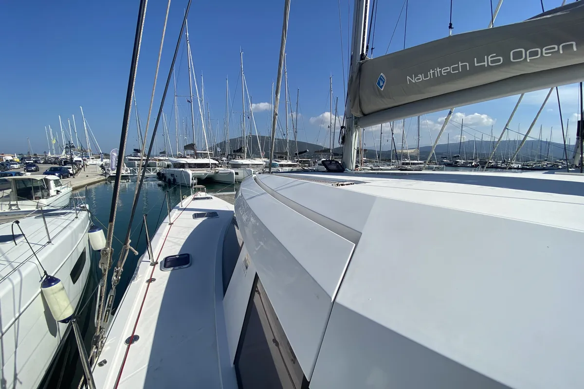 Deck of Open Sea, a Nautitech 46 Open catamaran at Athens, Greece