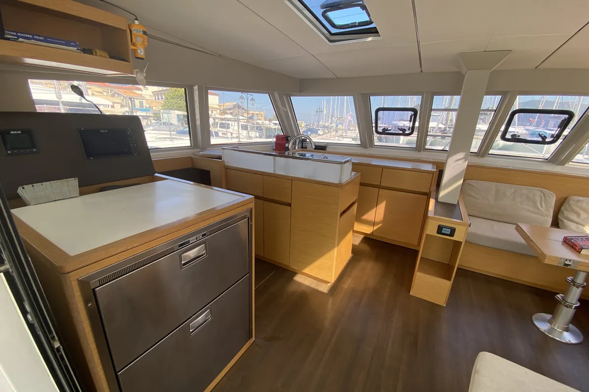 Salon of Open Sea, a Nautitech 46 Open catamaran at Athens, Greece