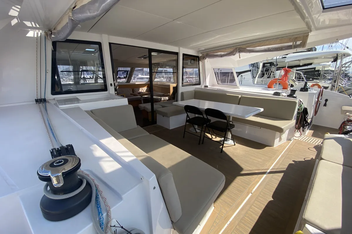Deck of Open Sea, a Nautitech 46 Open catamaran at Athens, Greece