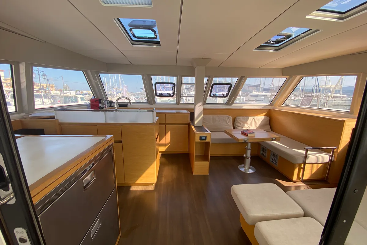 Salon of Open Sea, a Nautitech 46 Open catamaran at Athens, Greece