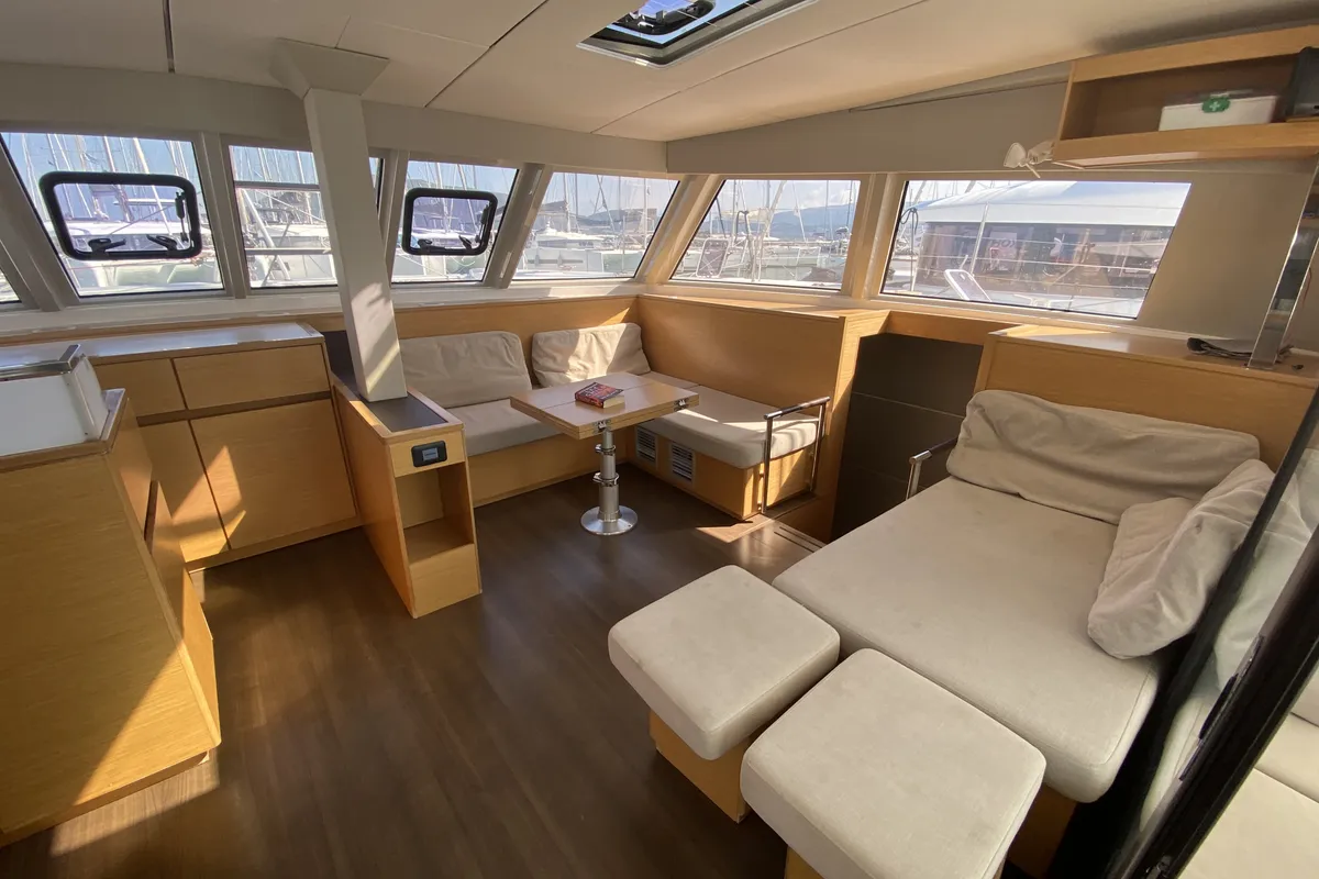 Salon of Open Sea, a Nautitech 46 Open catamaran at Athens, Greece