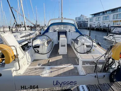 Cockpit of Ulysses, a Beneteau Oceanis 38 sailboat at Heiligenhafen, Germany