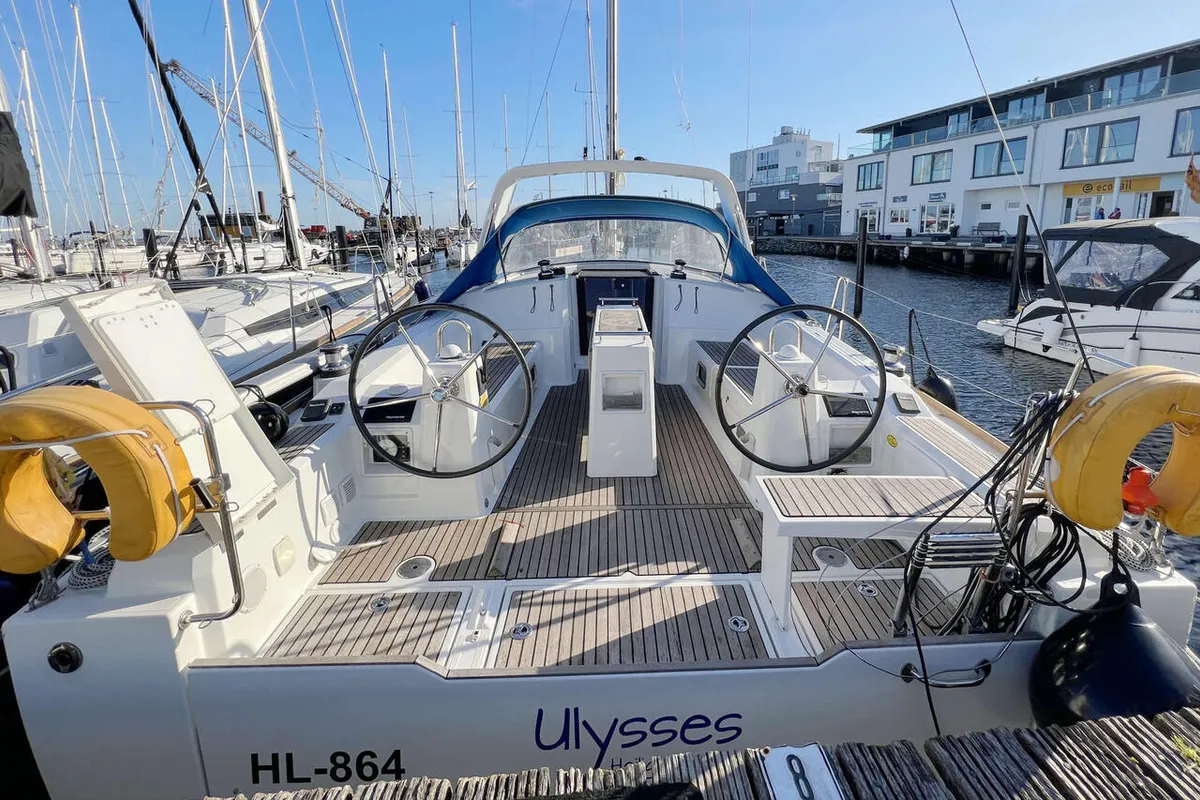 Cockpit of Ulysses, a Beneteau Oceanis 38 sailboat at Heiligenhafen, Germany