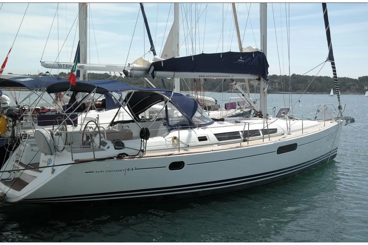 Exterior view of Alcor , a Jeanneau Sun Odyssey 44 i sailboat at Olbia, Italy