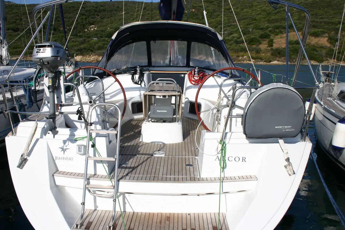 Cockpit of Alcor , a Jeanneau Sun Odyssey 44 i sailboat at Olbia, Italy