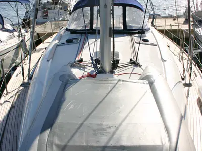 Deck of Alcor , a Jeanneau Sun Odyssey 44 i sailboat at Olbia, Italy