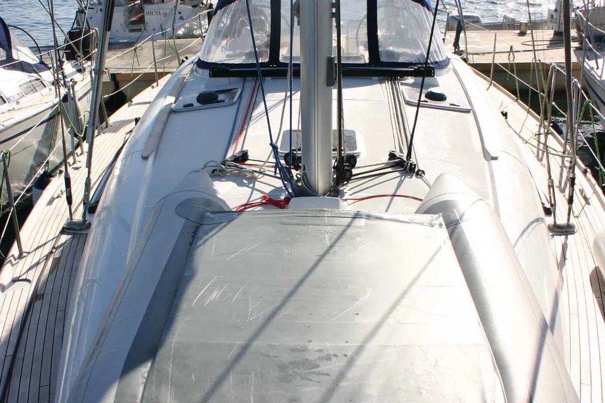 Deck of Alcor , a Jeanneau Sun Odyssey 44 i sailboat at Olbia, Italy