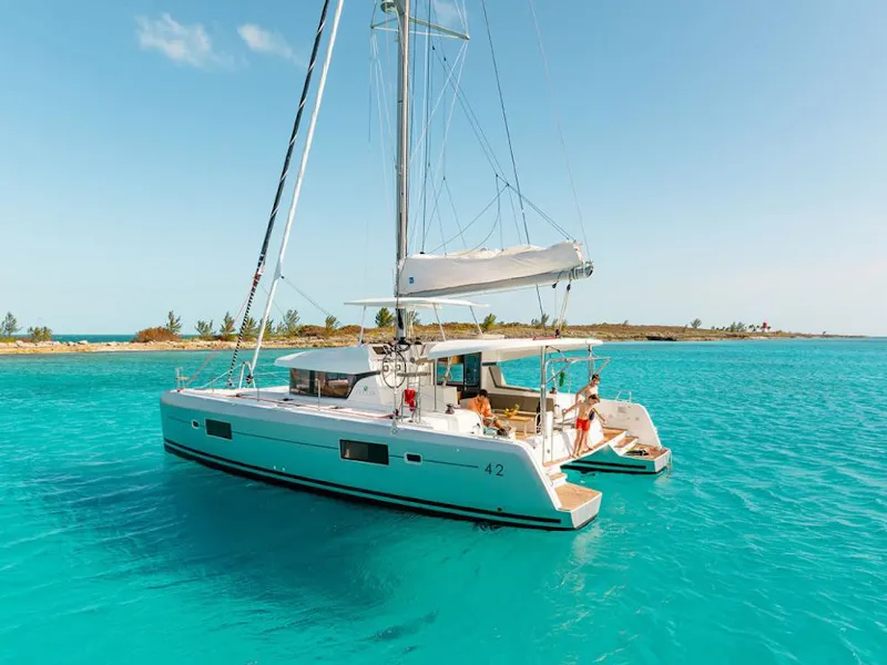 Exterior view of BLUE STEEL, a Lagoon 42 catamaran at Athens, Greece