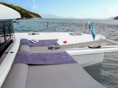 Deck of BLUE STEEL, a Lagoon 42 catamaran at Athens, Greece