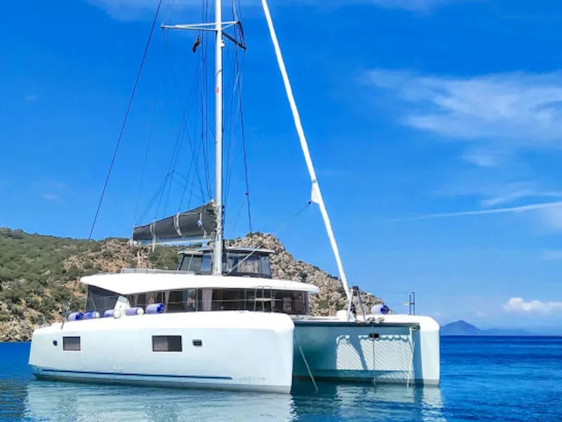 Exterior view of BLUE STEEL, a Lagoon 42 catamaran at Athens, Greece