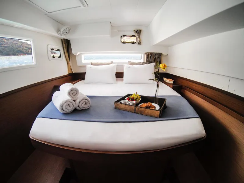 Cabin on BLUE STEEL, a Lagoon 42 catamaran at Athens, Greece