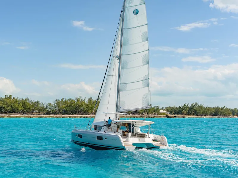 Exterior view of BLUE STEEL, a Lagoon 42 catamaran at Athens, Greece