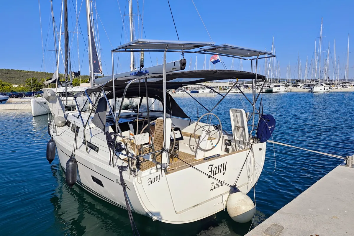 Exterior view of Fany, a Hanse 388 sailboat at Općina Sukošan, Croatia