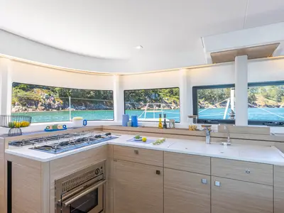 Galley of WHITE PEARL, a Lagoon 43 catamaran at Sant Antoni de Portmany, Spain