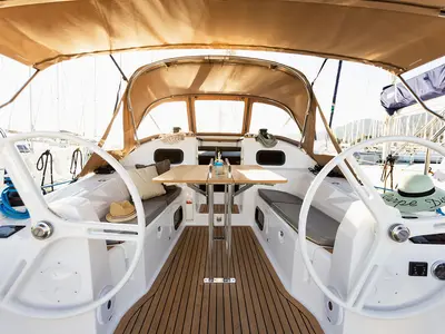 Cockpit of Danu, a Elan Impression 40 sailboat at Grad Kaštela, Croatia