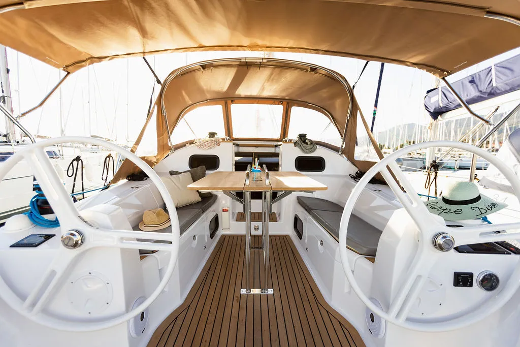 Cockpit of Danu, a Elan Impression 40 sailboat at Grad Kaštela, Croatia