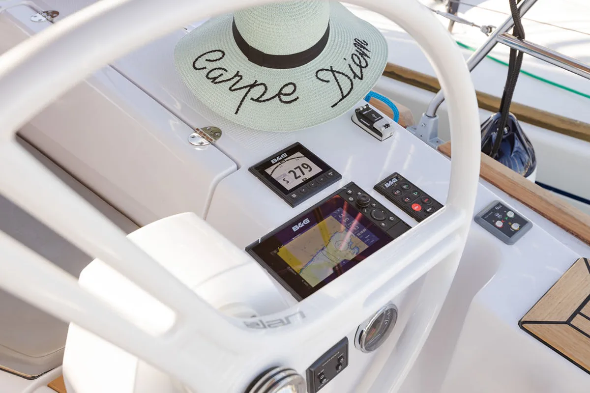 Cockpit of Danu, a Elan Impression 40 sailboat at Grad Kaštela, Croatia