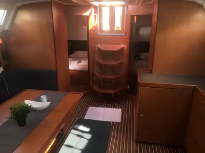 Salon of Batukaan, a Bavaria Cruiser 46 sailboat at Fethiye, Turkey