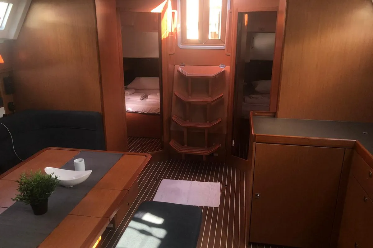 Salon of Batukaan, a Bavaria Cruiser 46 sailboat at Fethiye, Turkey
