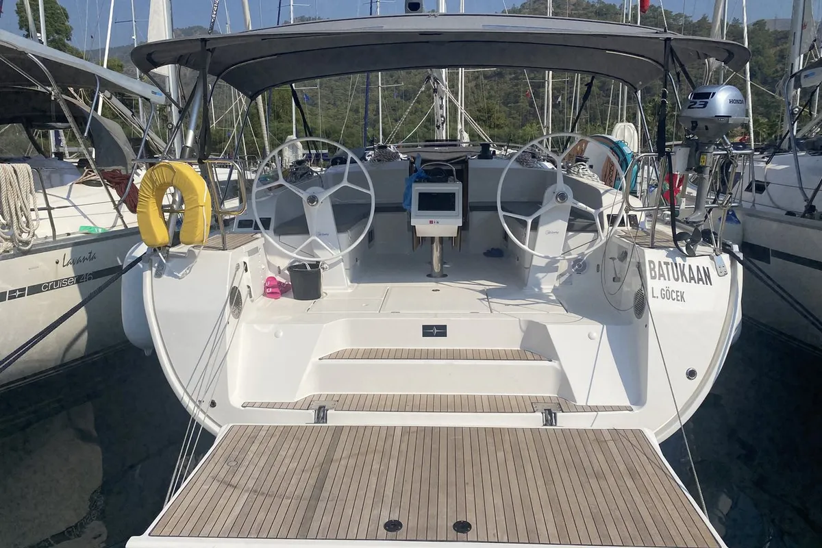 Cockpit of Batukaan, a Bavaria Cruiser 46 sailboat at Fethiye, Turkey