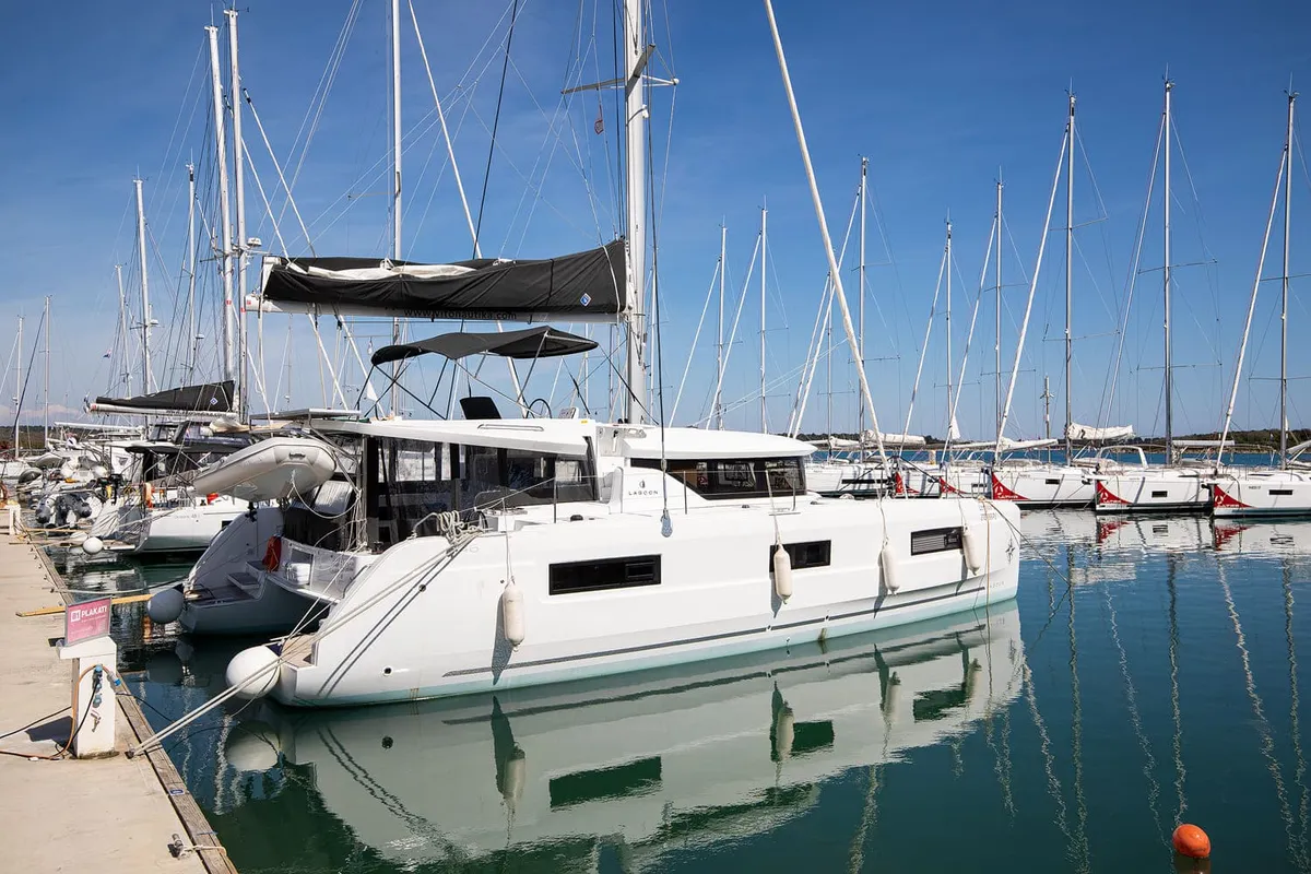 Exterior view of Venice Beach, a Lagoon 46 catamaran at Općina Medulin, Croatia