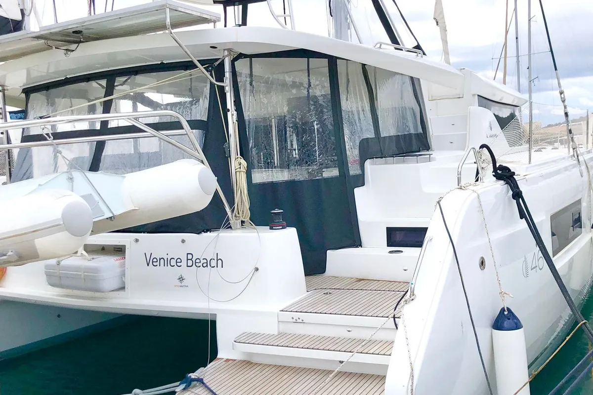 Exterior view of Venice Beach, a Lagoon 46 catamaran at Općina Medulin, Croatia