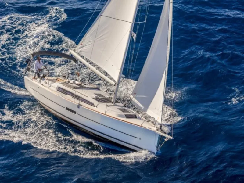 Exterior view of Imagine, a Dufour 360 Grand Large sailboat at Athens, Greece