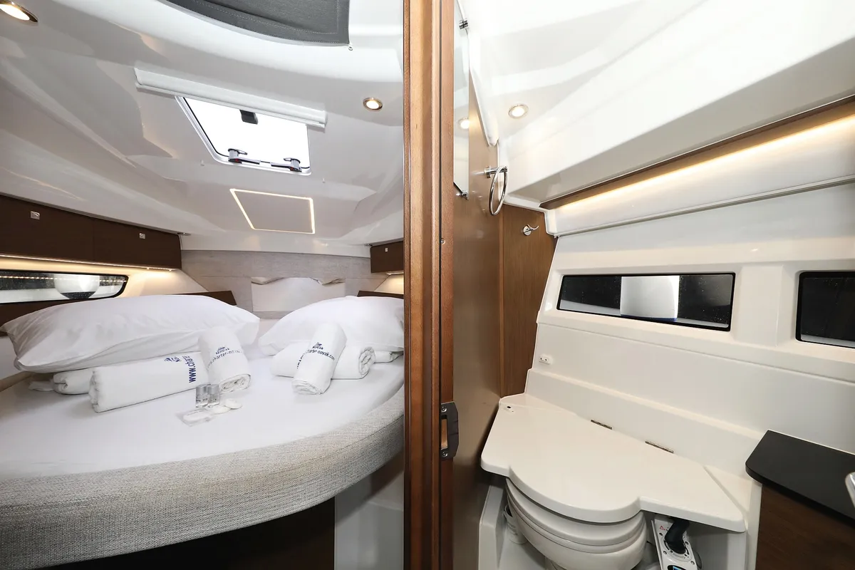 Cabin on Calypso, a Jeanneau Merry Fisher 895 motorboat at Grad Biograd na Moru, Croatia