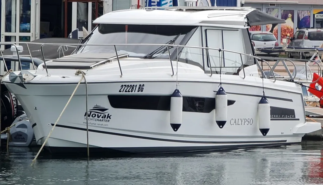 Exterior view of Calypso, a Jeanneau Merry Fisher 895 motorboat at Grad Biograd na Moru, Croatia