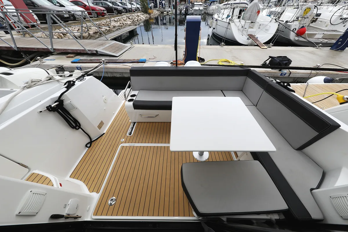 Deck of Calypso, a Jeanneau Merry Fisher 895 motorboat at Grad Biograd na Moru, Croatia