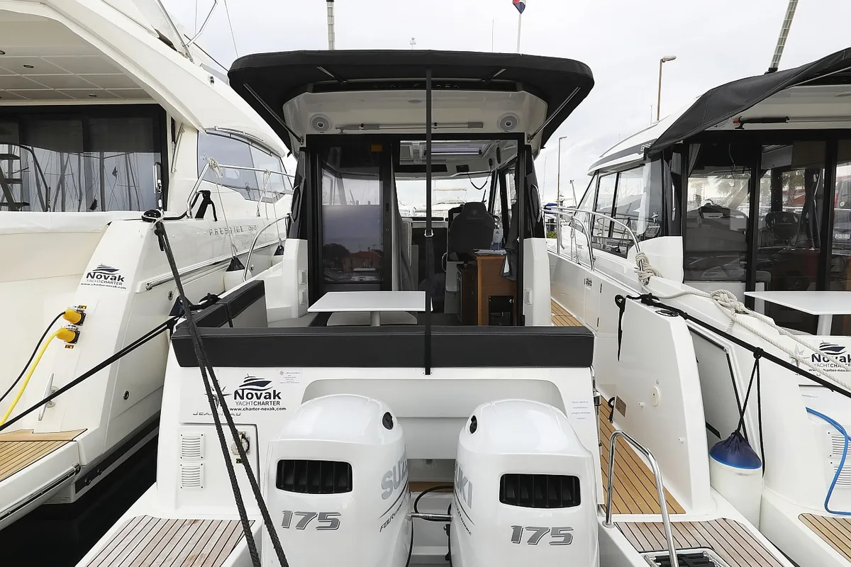 Exterior view of Calypso, a Jeanneau Merry Fisher 895 motorboat at Grad Biograd na Moru, Croatia
