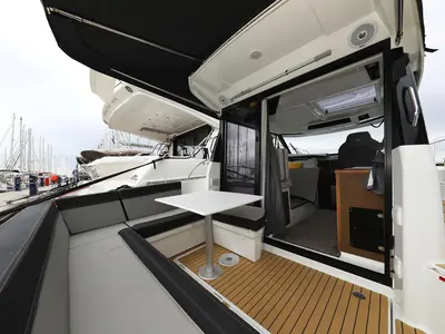 Deck of Calypso, a Jeanneau Merry Fisher 895 motorboat at Grad Biograd na Moru, Croatia