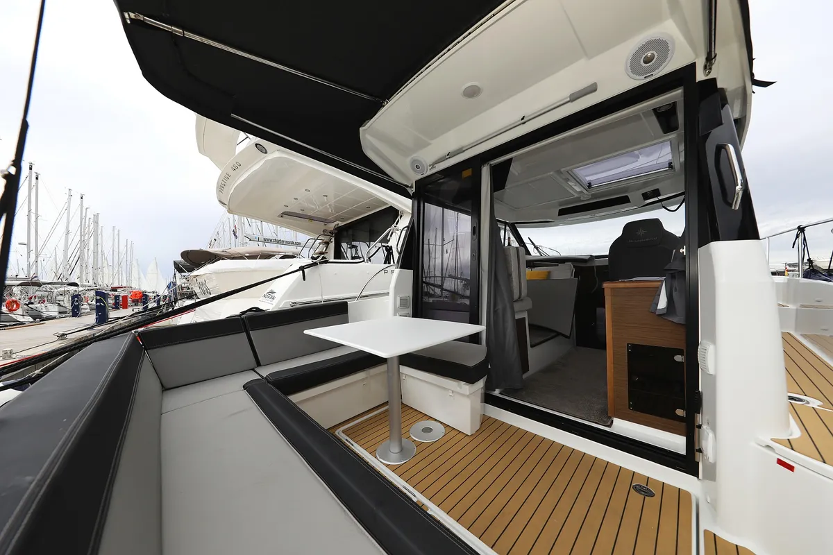 Deck of Calypso, a Jeanneau Merry Fisher 895 motorboat at Grad Biograd na Moru, Croatia