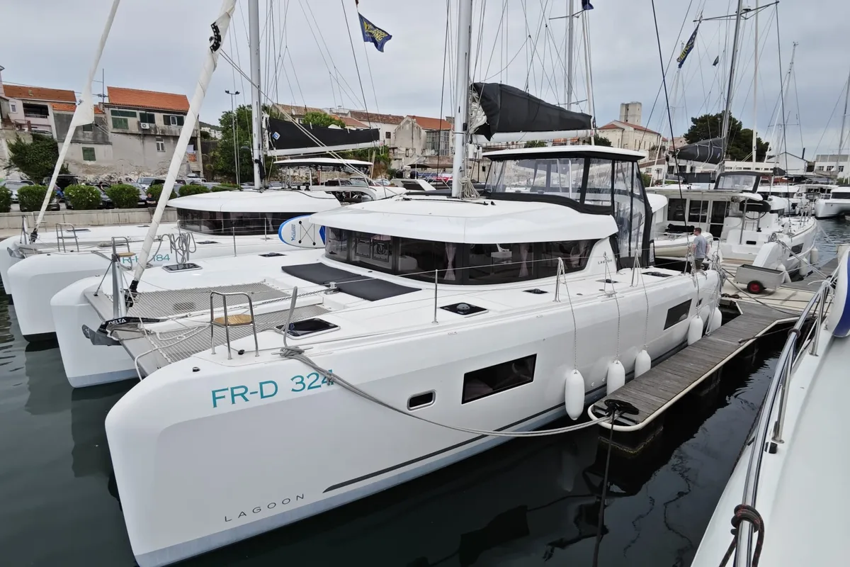 Exterior view of Grand Deluxe III, a Lagoon 42 catamaran at Grad Šibenik, Croatia