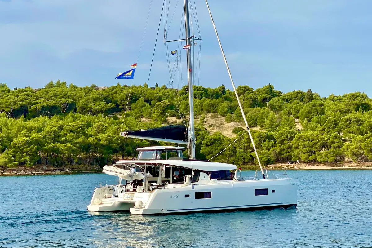 Exterior view of Grand Deluxe III, a Lagoon 42 catamaran at Grad Šibenik, Croatia