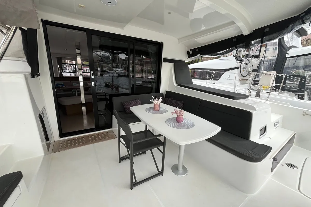 Deck of Grand Deluxe III, a Lagoon 42 catamaran at Grad Šibenik, Croatia