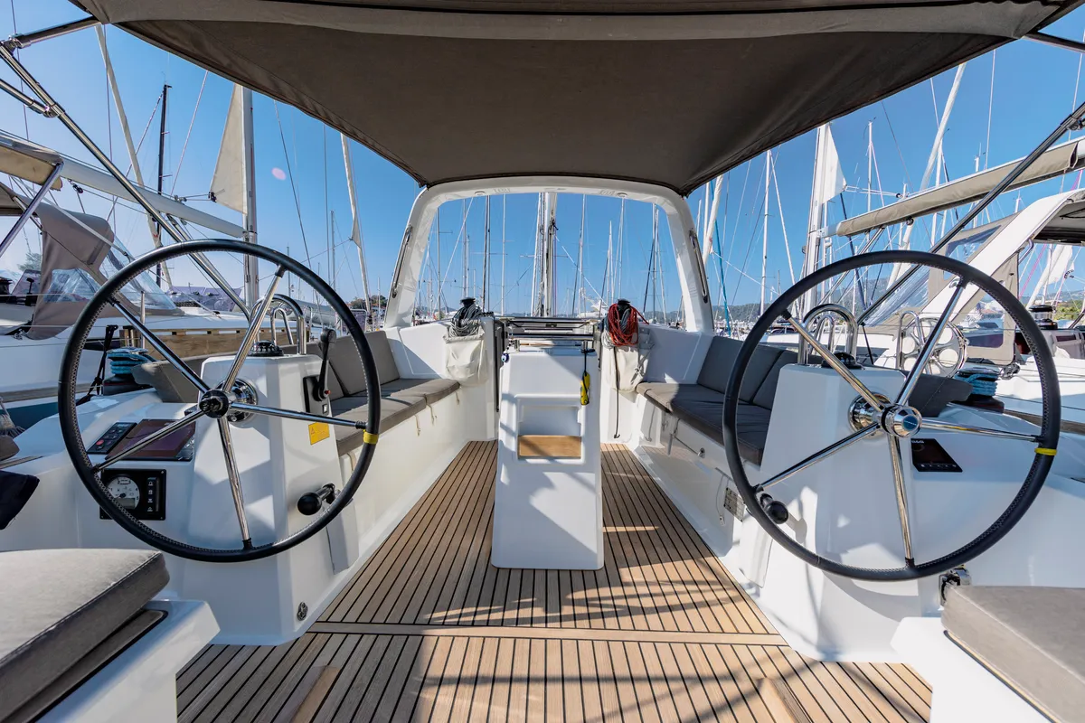 Cockpit of Neo, a Beneteau Oceanis 38.1 sailboat at Marmaris, Turkey