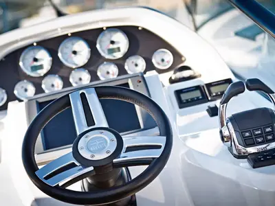 Cockpit of Girica, a Bavaria Sport 39 HT motorboat at Punat, Croatia