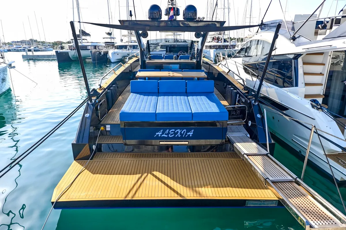 Exterior view of Alexia, a Fiart Seawalker 43 motor yacht at Općina Sukošan, Croatia