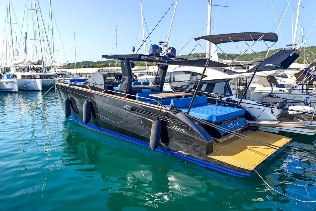 Exterior view of Alexia, a Fiart Seawalker 43 motor yacht at Općina Sukošan, Croatia