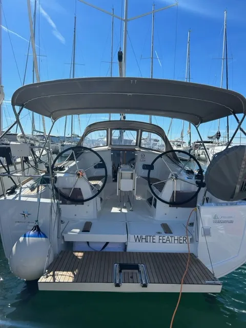 Cockpit of White Feather, a Jeanneau Sun Odyssey 349 sailboat at Grad Biograd na Moru, Croatia