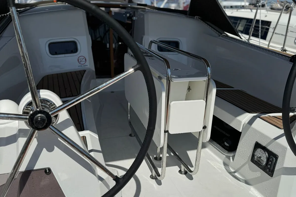 Cockpit of White Feather, a Jeanneau Sun Odyssey 349 sailboat at Grad Biograd na Moru, Croatia