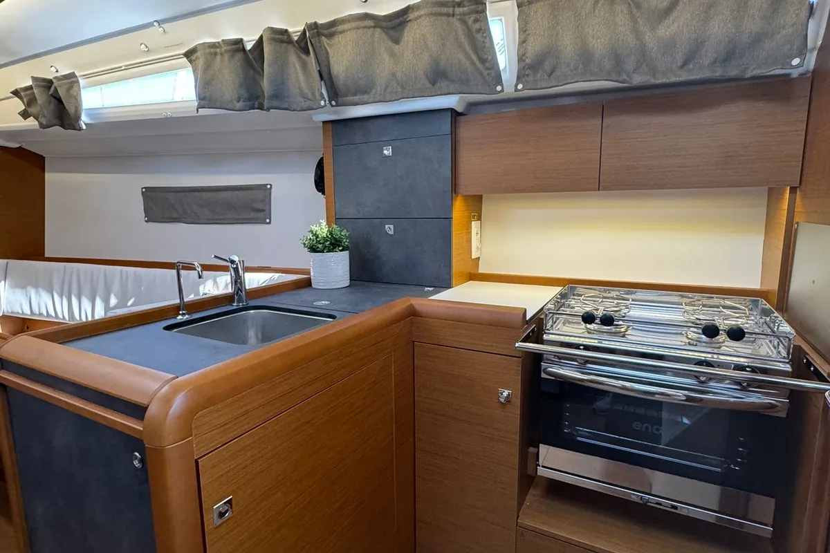 Galley of White Feather, a Jeanneau Sun Odyssey 349 sailboat at Grad Biograd na Moru, Croatia