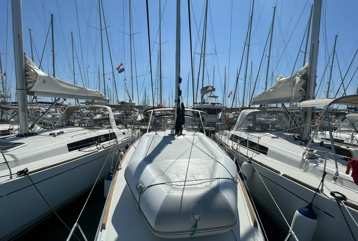 Exterior view of White Feather, a Jeanneau Sun Odyssey 349 sailboat at Grad Biograd na Moru, Croatia