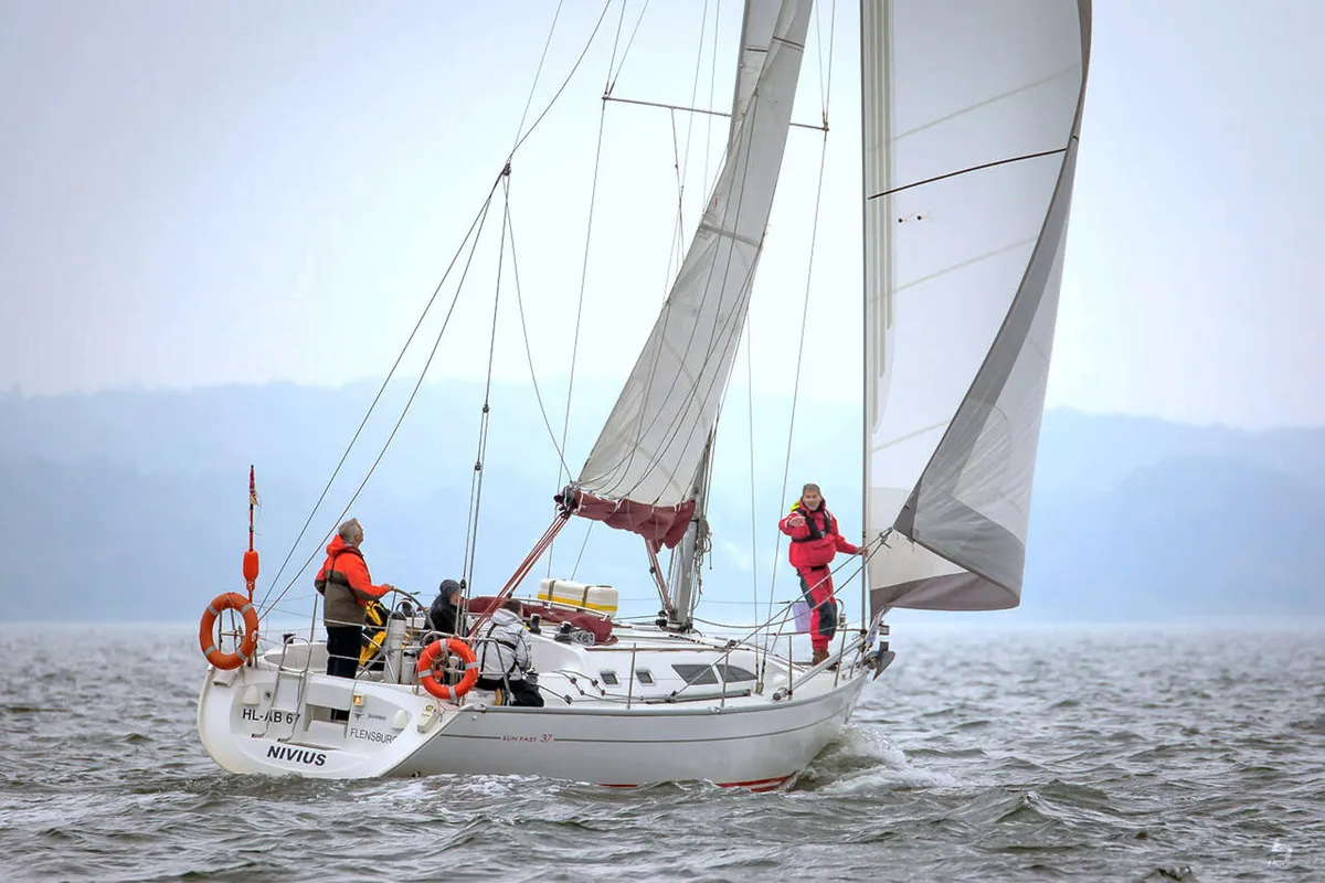 Exterior view of Nivius, a Jeanneau Sun Fast 37 sailboat at Flensburg, Germany