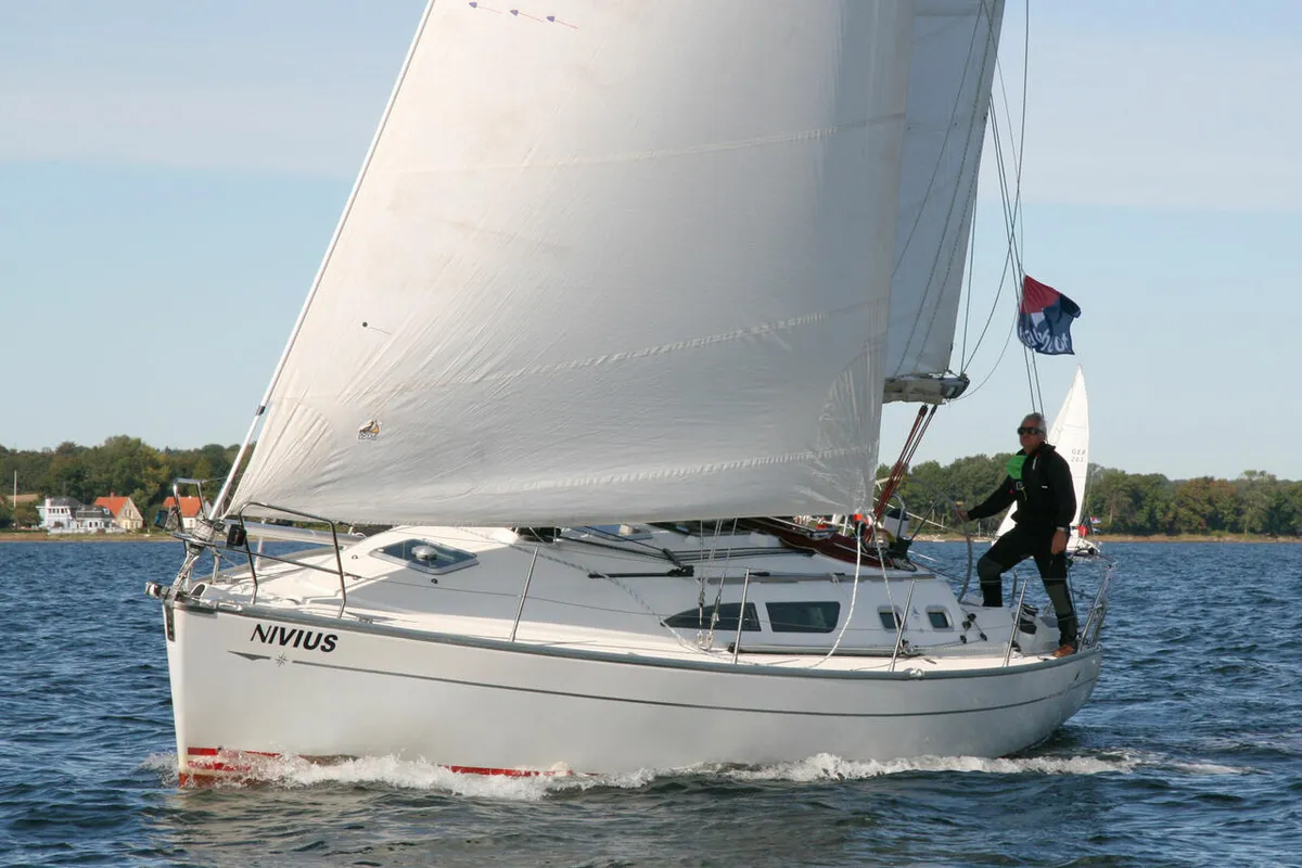 Exterior view of Nivius, a Jeanneau Sun Fast 37 sailboat at Flensburg, Germany