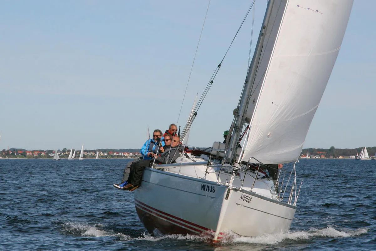 Exterior view of Nivius, a Jeanneau Sun Fast 37 sailboat at Flensburg, Germany